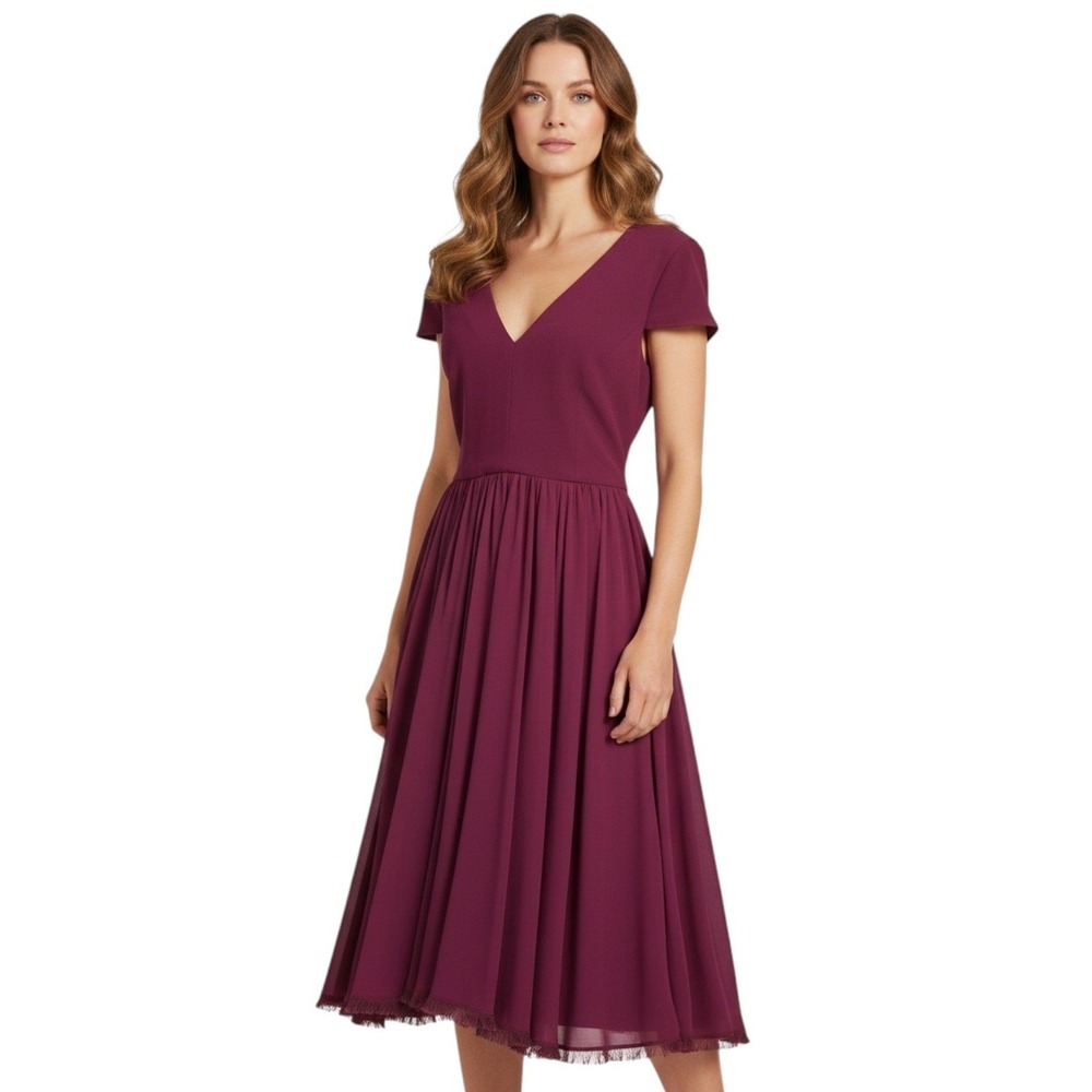 Dress The Population Midi Dress Corey Dark Magenta V-Neck Chiffon Formal XL
